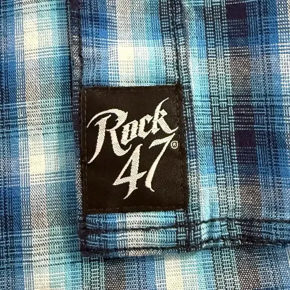 Wrangler Rock 47 Men’s Western Pearl Snap Shirt XXL Blue Plaid Long Sleeve EUC - Picture 8 of 12